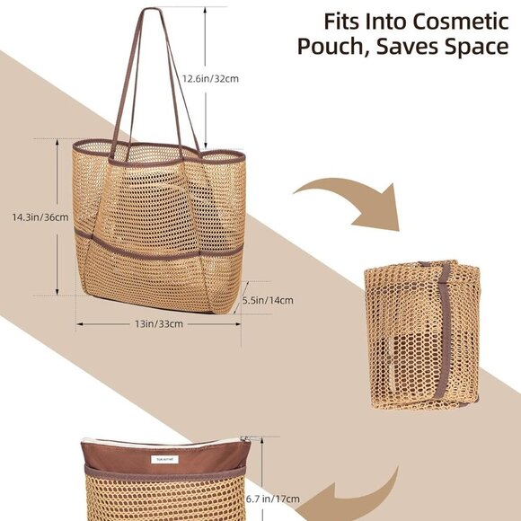 Mesh Beach Tote Bag Lightweight Foldable Large Multiple Pockets for Women - Picture 5 of 7